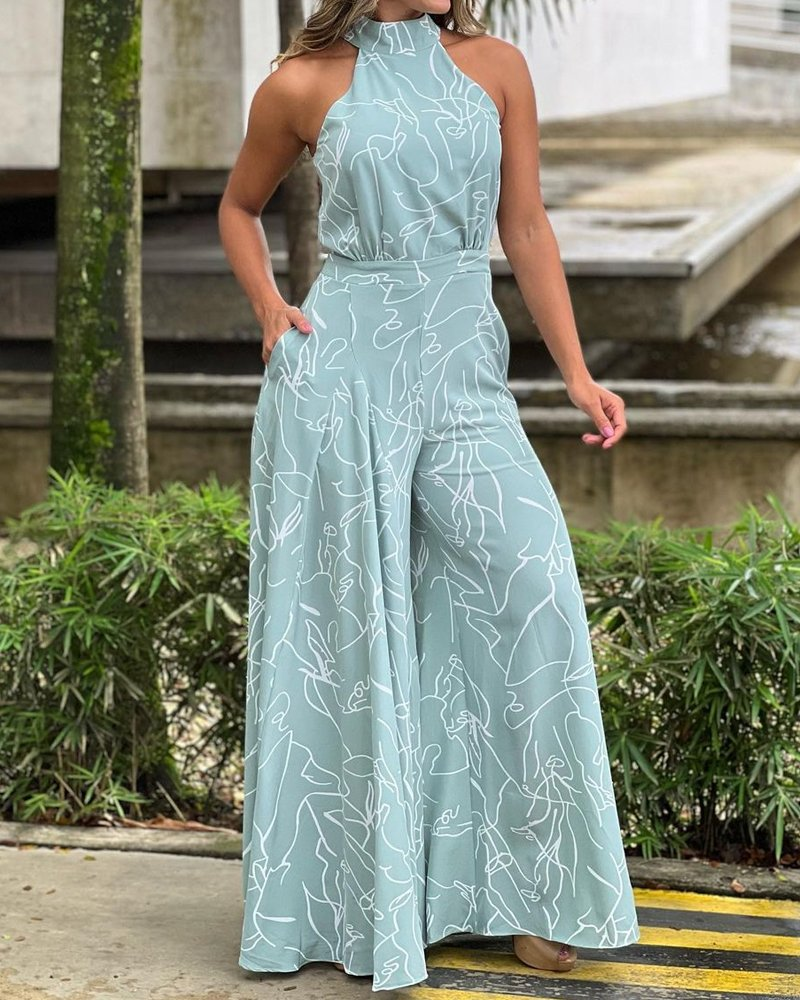 Ärmelloser Kunstdruck-Overall mit Neckholder (60% RABATT)