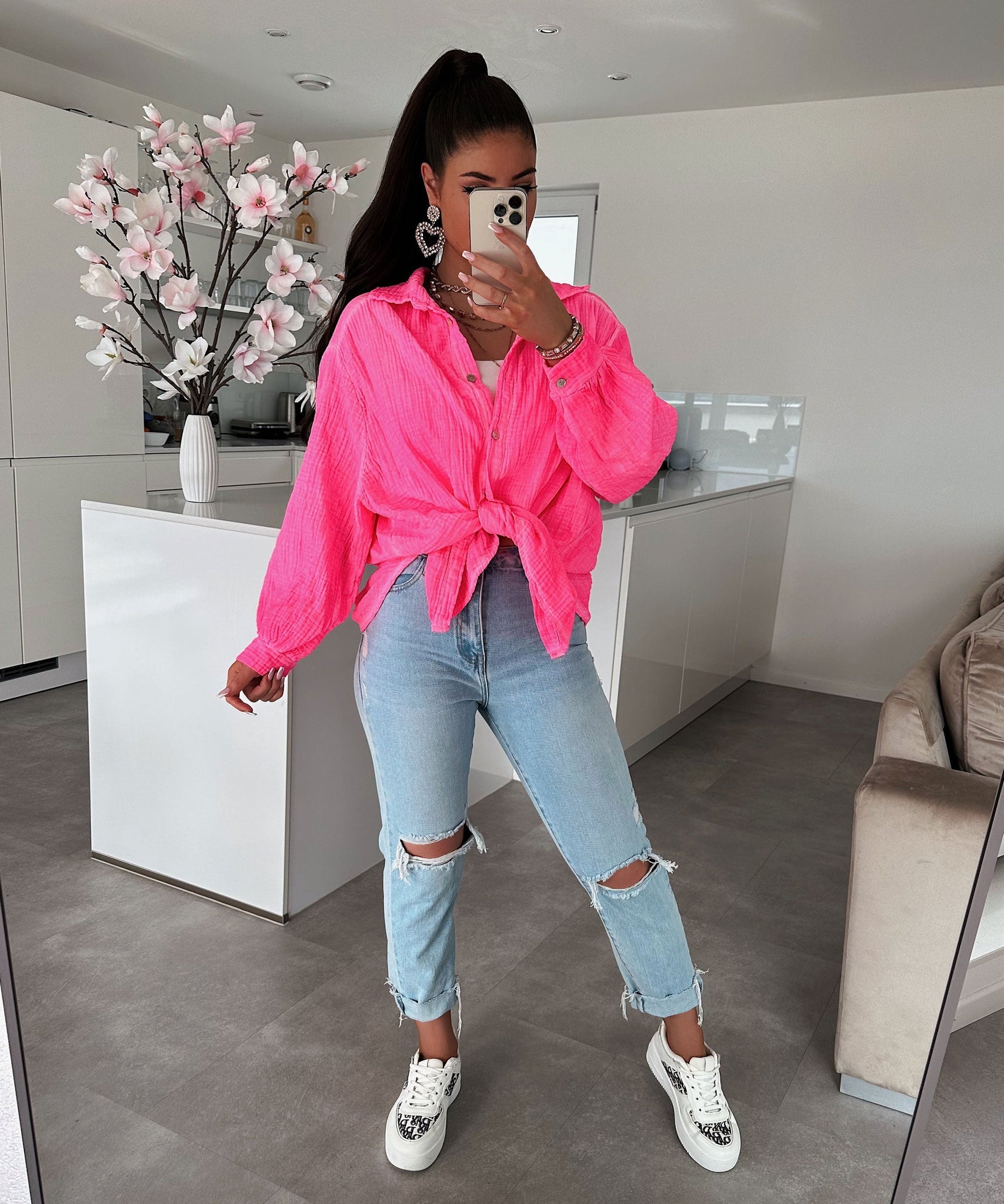 Oversize Musselin Bluse Freya Neonpink Kurz