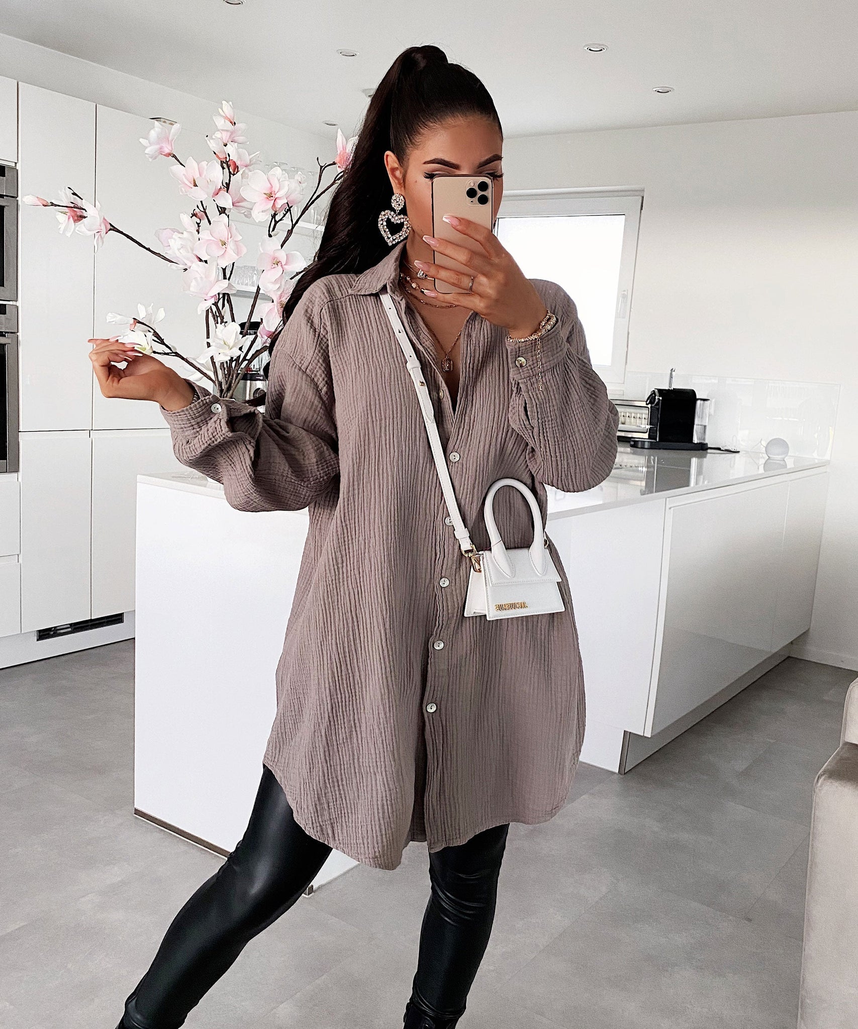 Oversize Musselin Bluse Freya Taupe Lang