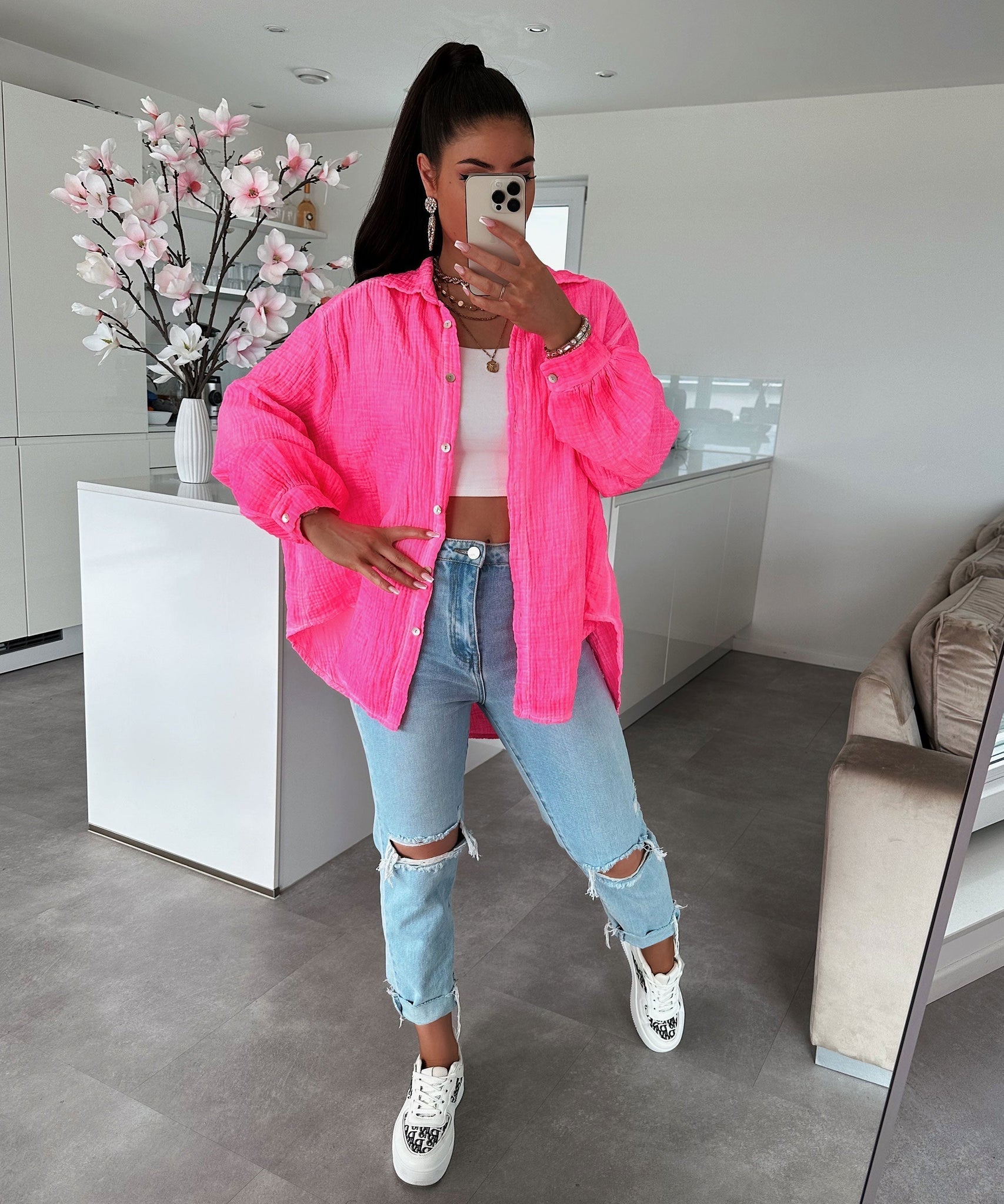 Oversize Musselin Bluse Freya Neonpink Kurz