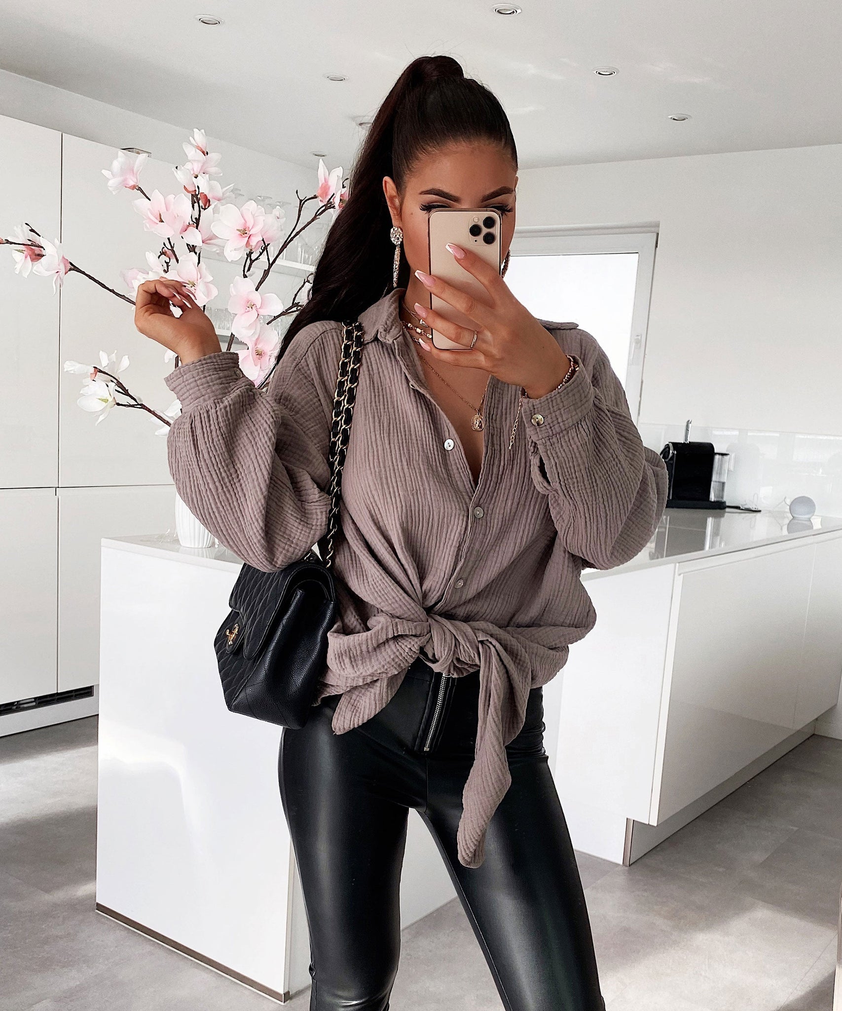 Oversize Musselin Bluse Freya Taupe Lang