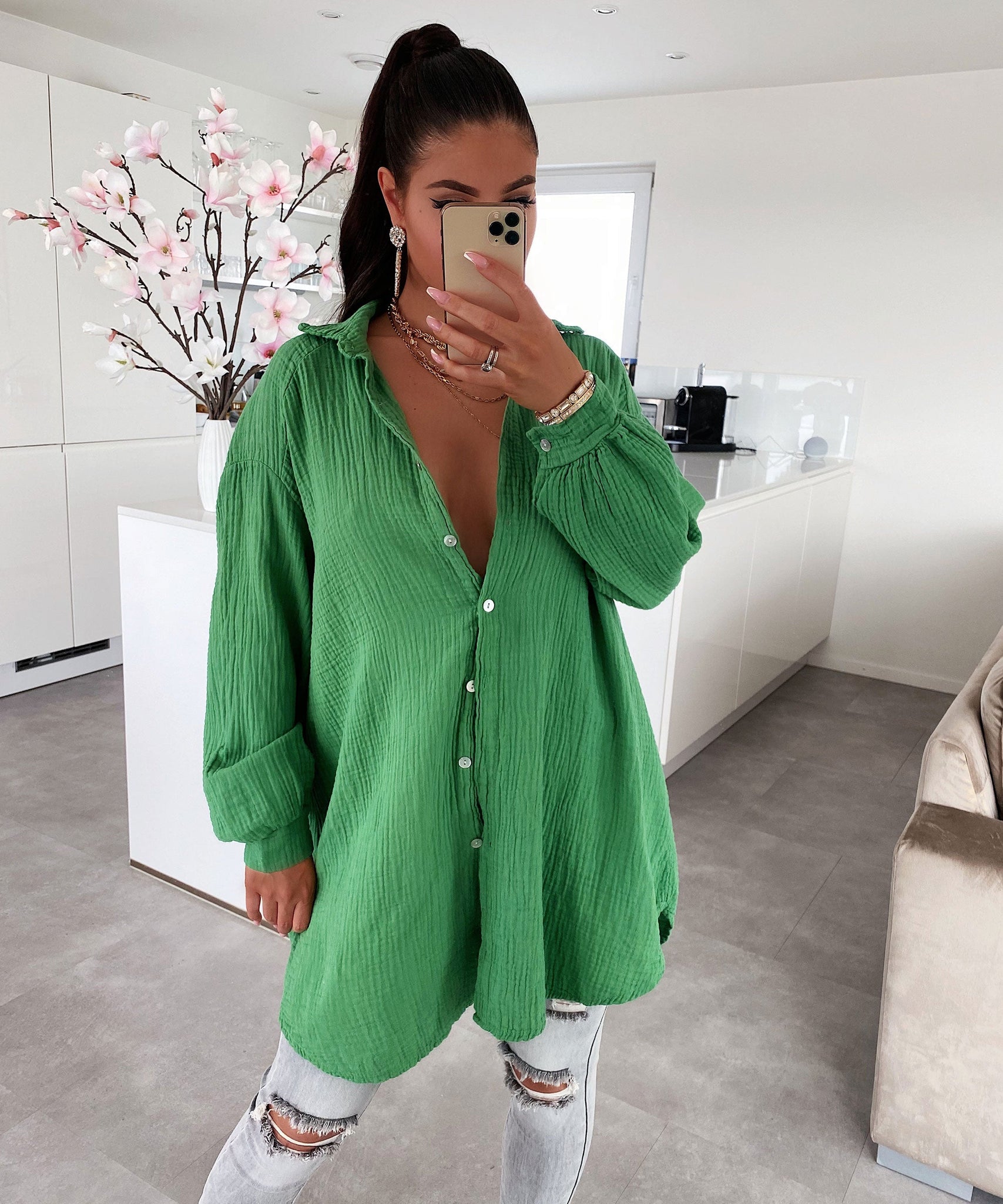 Oversize Musselin Bluse Freya Dunkelgrün Lang