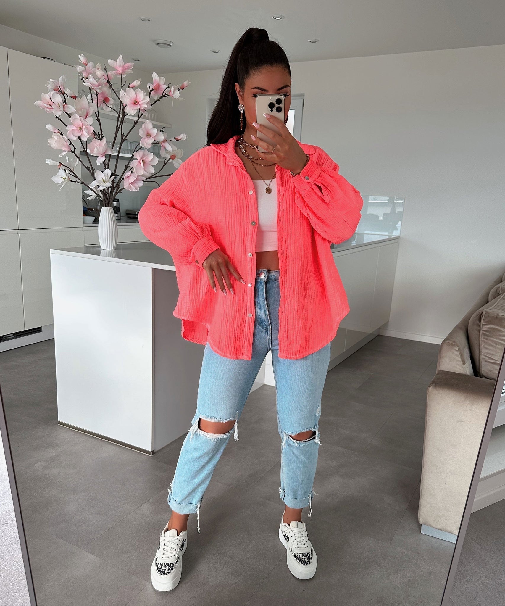 Oversize Musselin Bluse Freya Neon Coralpink Kurz