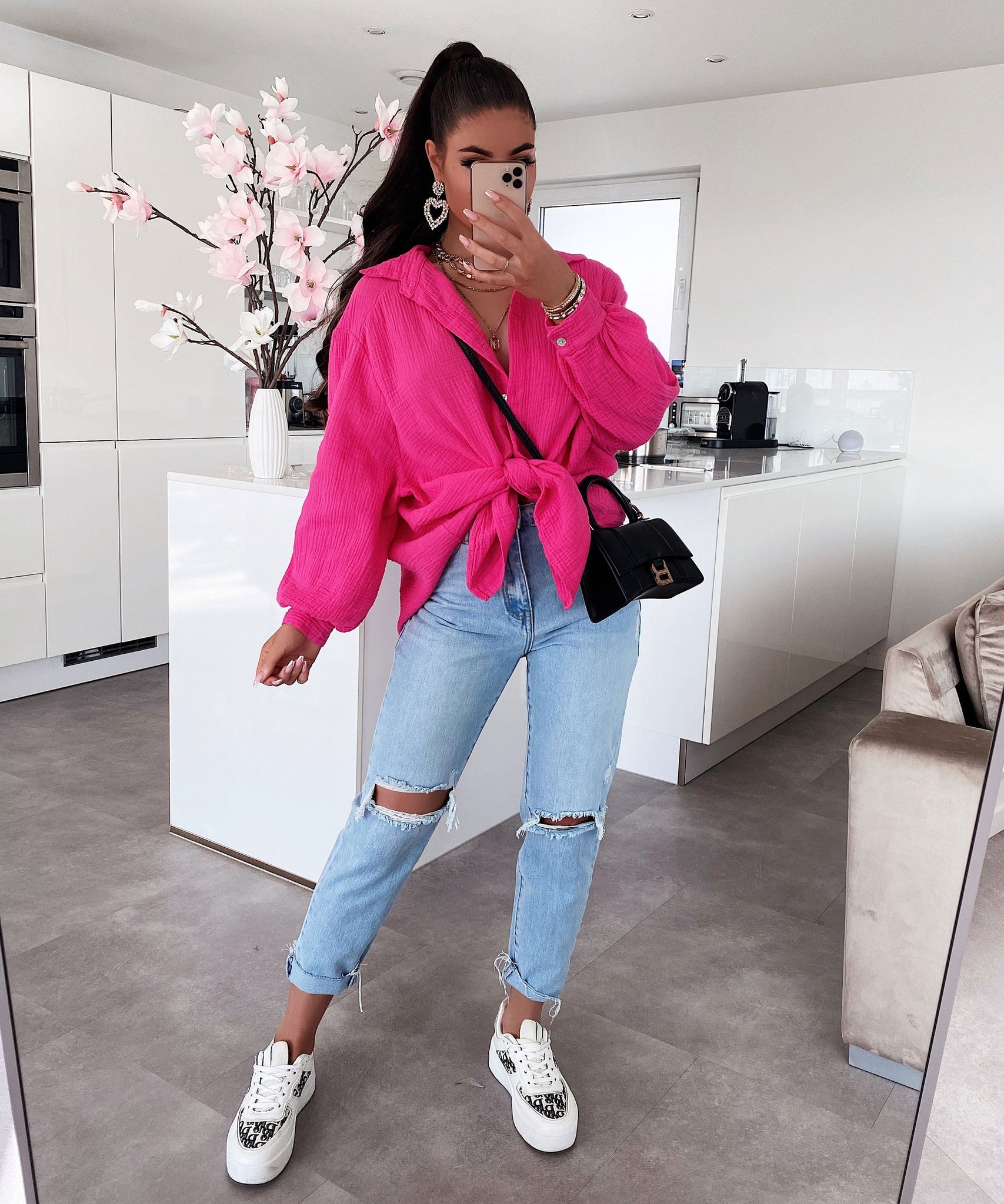 Oversize Musselin Bluse Freya Fuchsia Pink Kurz