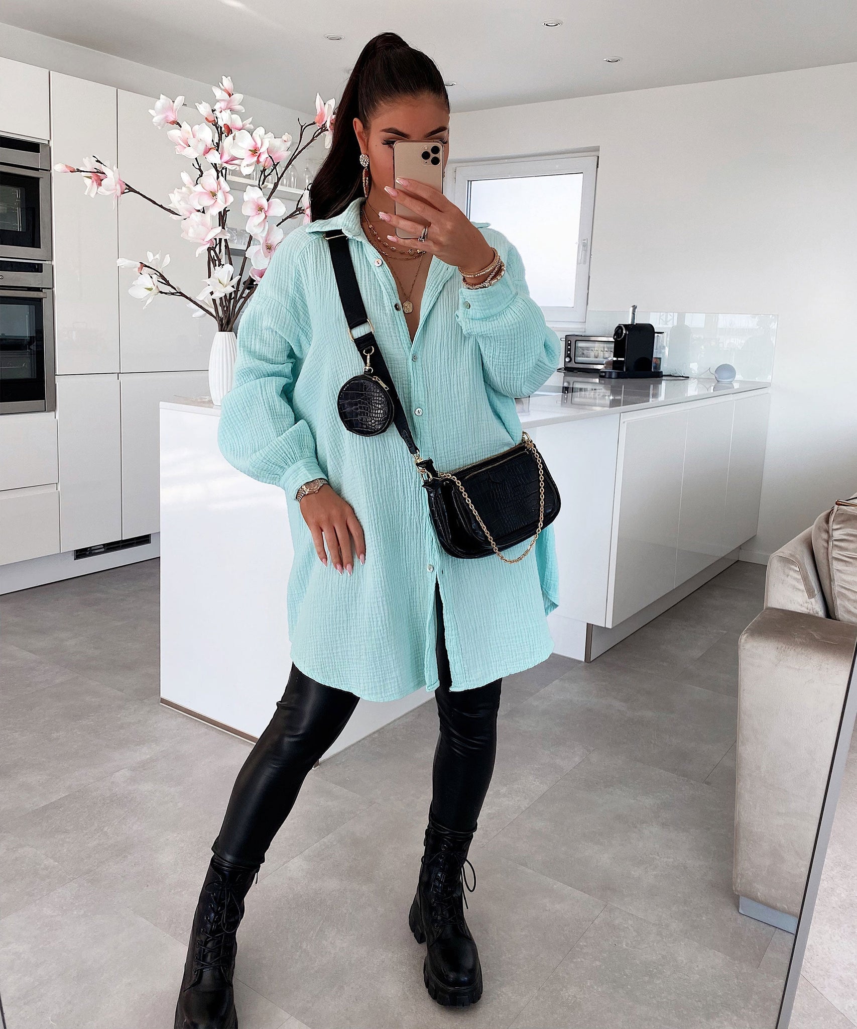 Oversize Musselin Bluse Freya Türkis Lang