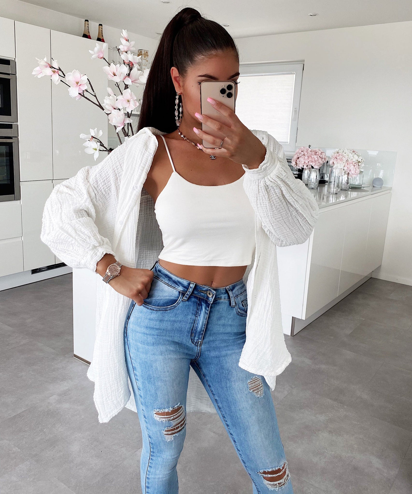 Oversize Musselin Bluse Freya Weiß Lang