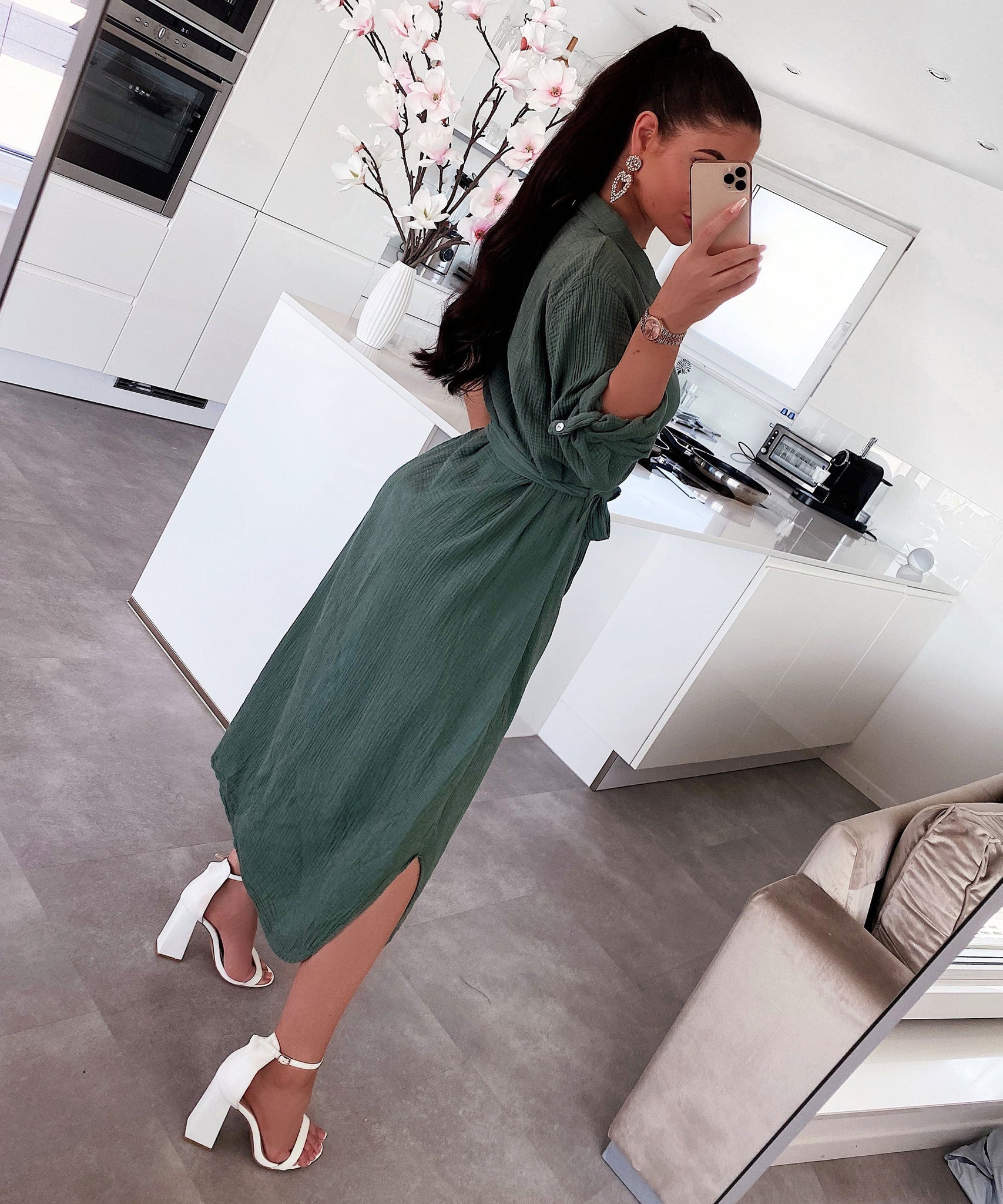 Musselin Kleid Elena Lang Khaki