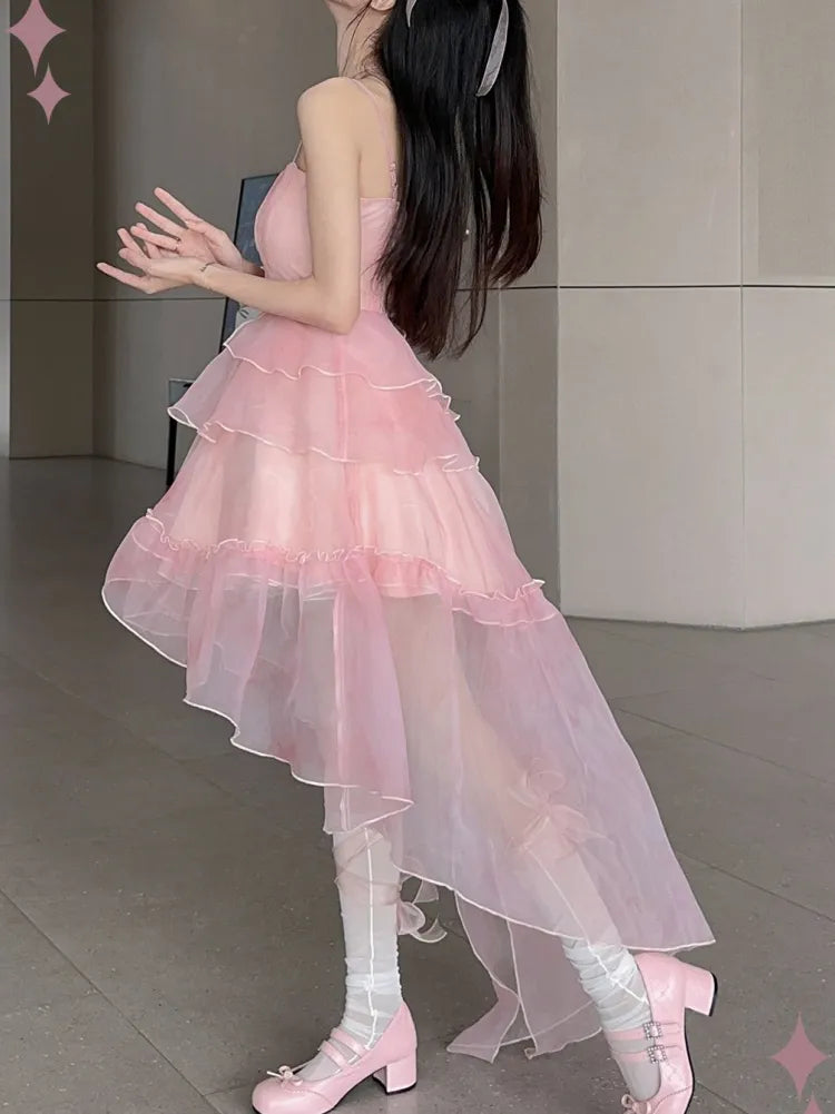 Noémie™- Sakura Rosa Hoch Tief Rock Kleid Flounce (50% RABATT)