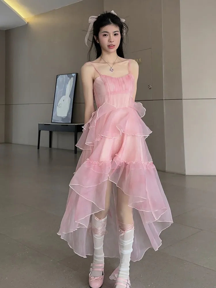 Noémie™- Sakura Rosa Hoch Tief Rock Kleid Flounce (50% RABATT)